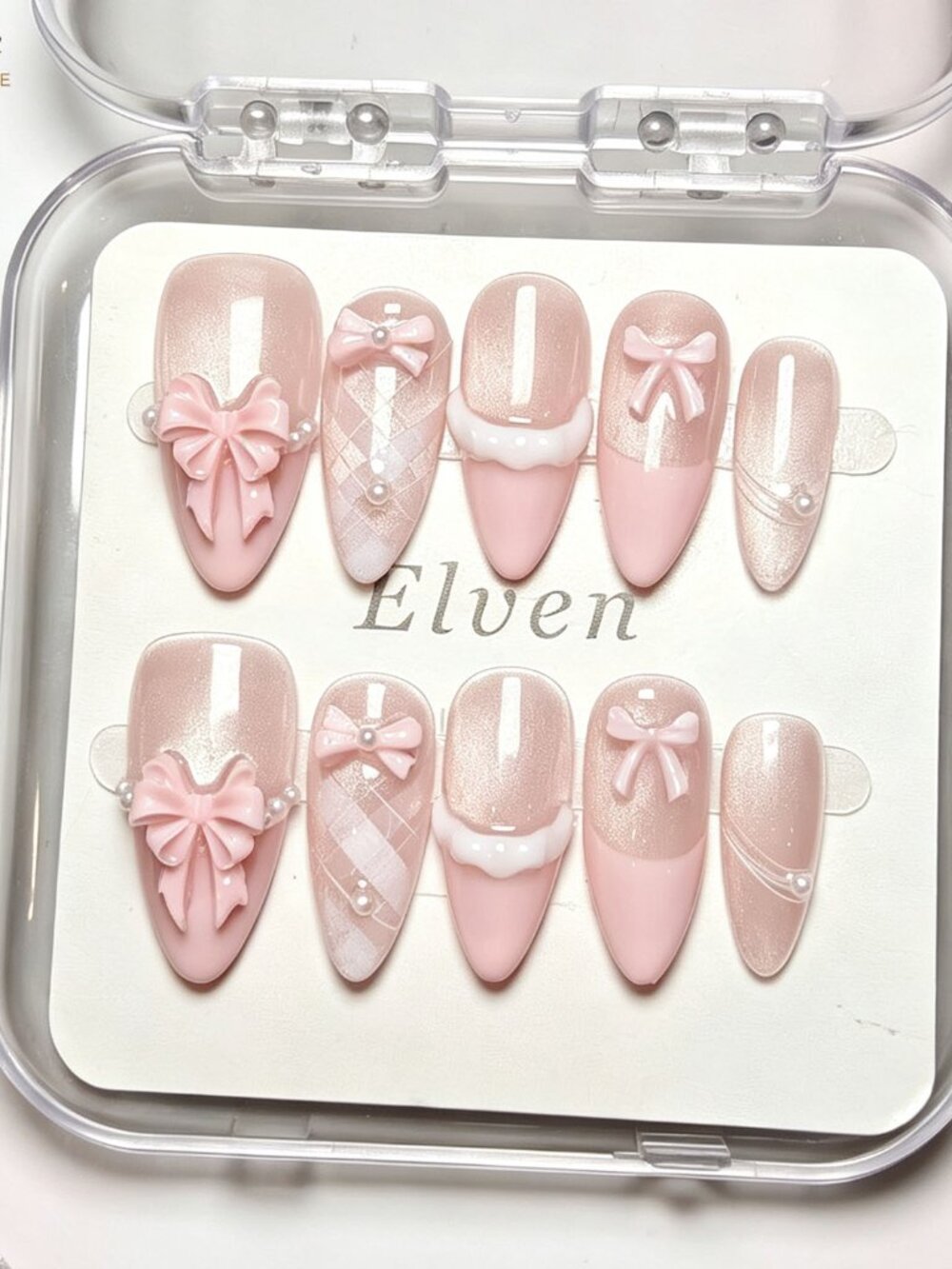 Soft Pink Medium Almond Press On Nails Cat Eye 3D Bow Pearl Coquette Cute Style
